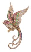 A multi gem set bird of paradise brooch, set throughout with calibre cut rubies  A multi gem set