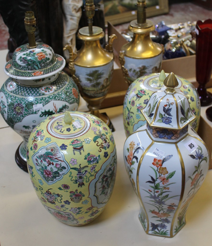 Chinese famille verte style baluster vase & cover etc,, a pair of French parcel gilt baluster