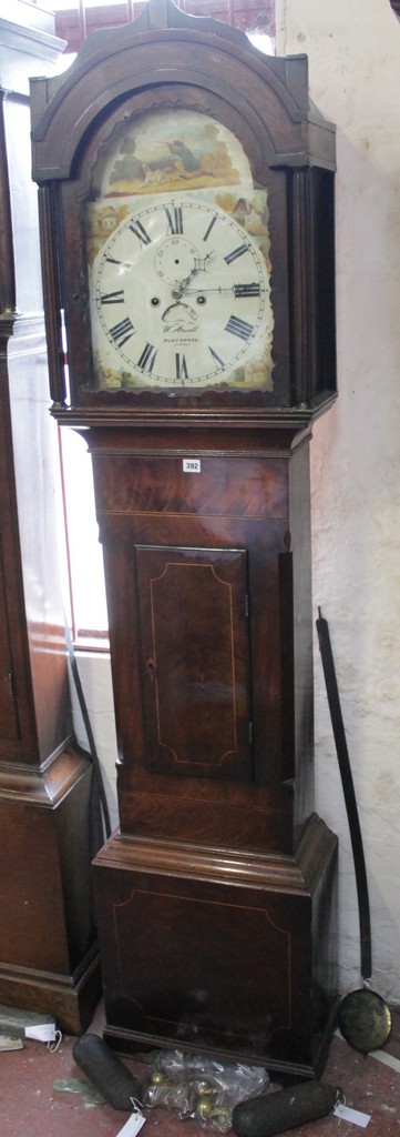 A mahogany eight-day longcase clock, early 19th century, the four pillar rack and bell striking