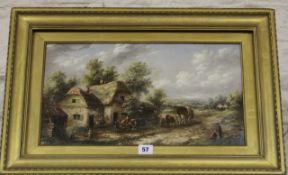 A 19th English school, oil on canvas, figures by an inn indistinctly signed lower right, 24cm x