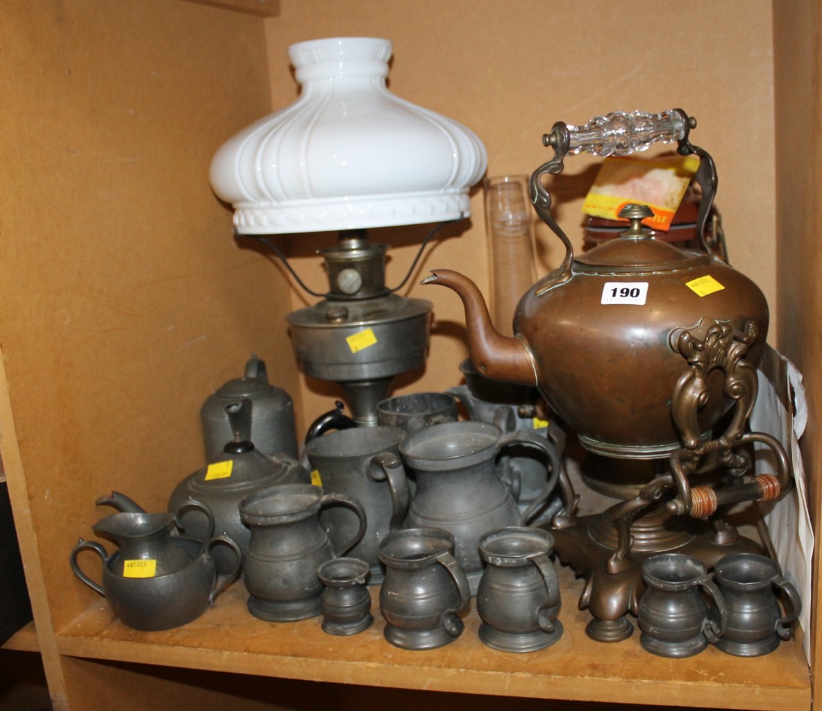 A Tilley lamp, an oil lamp with opaque brass shade, selection pewter mugs and a Victorian copper