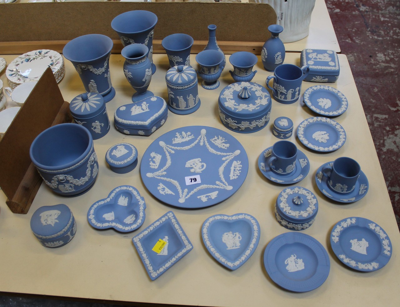 An assortment blue Wedgwood jasper ware. There is no condition report available on this lot.