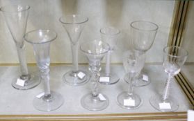 Eight various wine glasses, including a baluster, plain-stem, airtwist and opaque-twist examples