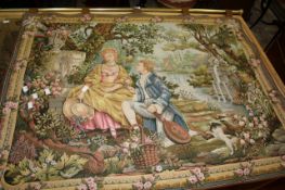 A modern tapestry wall hanging depicting `Jardin d`Amour` 90cm high, 117cm wide There is no