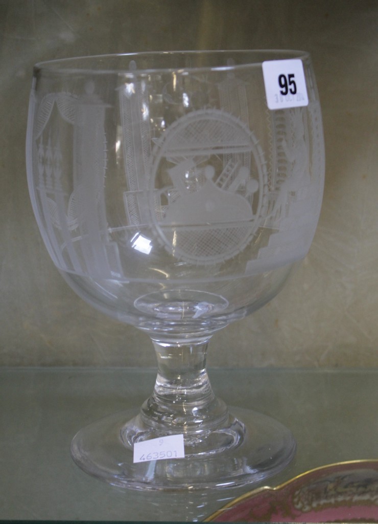 A large engraved commemorative Masonic goblet, the generous ovoid bowl engraved with Masonic symbols