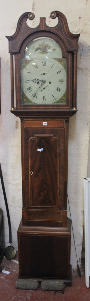 A inlaid mahogany eight-day longcase clock, early 19th century, the four pillar rack and bell