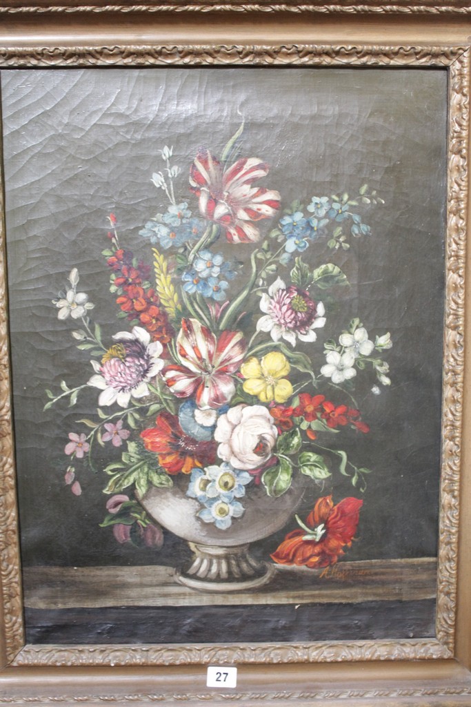 Dutch School (19th century) A still life of flowers in an urn on a ledge Oil on canvas Bears