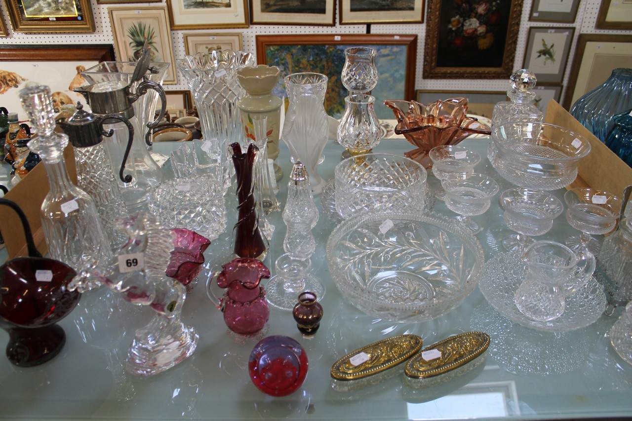 A Waterford lead crystal rearing horse, a quantity of cut glass bowls, decanters, bonbon dishes,