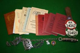 A Metropolitan Police Whistle, Special Constable Badges,Bus Conductors badges, ration books etc