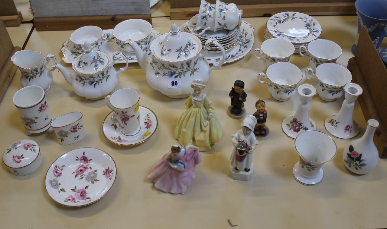 Two Worcester figures, Doulton figure, Wedgwood Marissa ware, two Hummel figures, quantity Royal