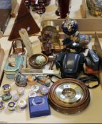 A miscellaneous collection of Royal Worcester pill boxes, barometer, a Cannon camera, bone carving,