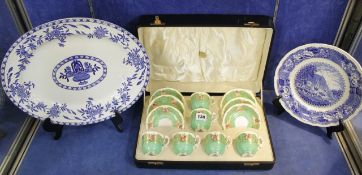 A boxed tea service, Royal Worcester bone china, a blue and white meat platter and a Bristol blue