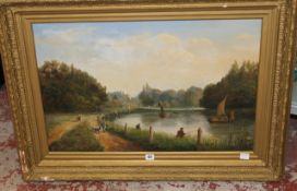 Oil on Canvas 19th century, River scene of people fishing and walking. 75cm x 50cm There is no