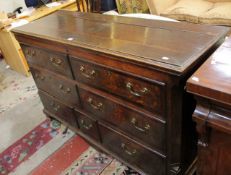 Antique oak mule chest with dummy drawer front and three drawers below on ogee bracket feet 51cm