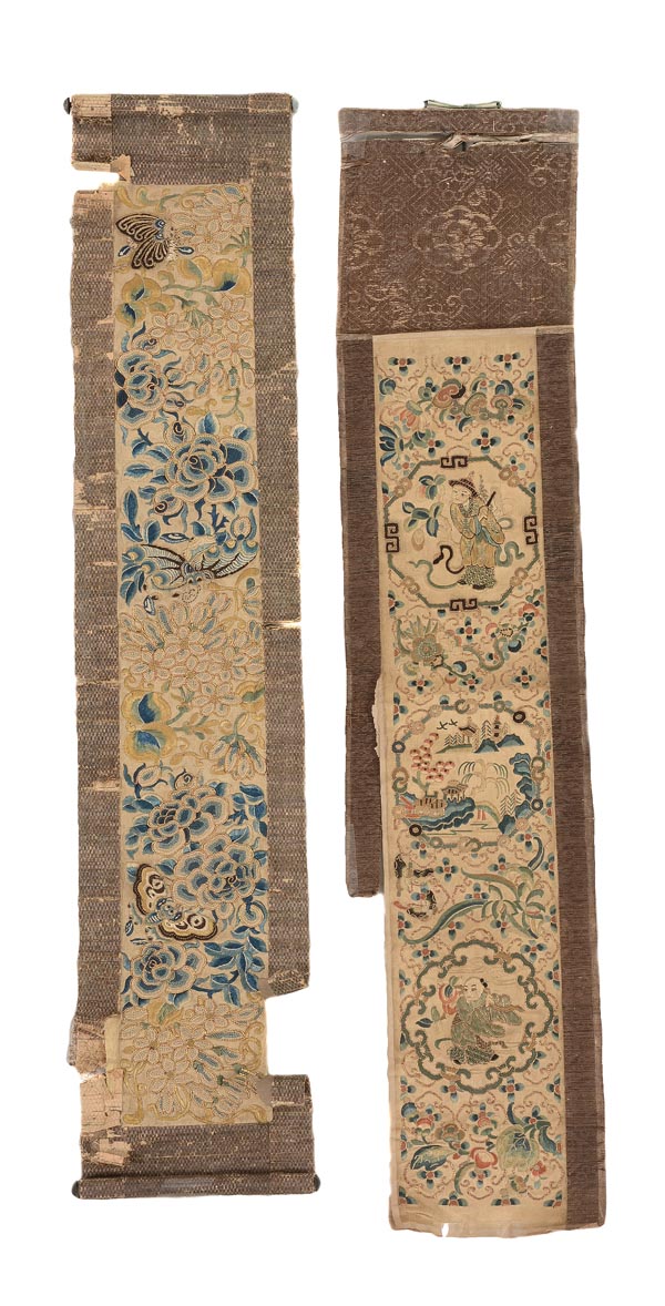 A group of Chinese silk textiles, 19th century, comprising a coral red ground fragment of Lishui - Image 5 of 6