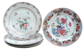 A set of five famille rose Export plates, 18th-19th century, each of circular form with a dished