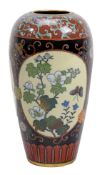 A Japanese cloisonne? enamel vase, Meiji period, of tapered ovoid form decorated on a black ground