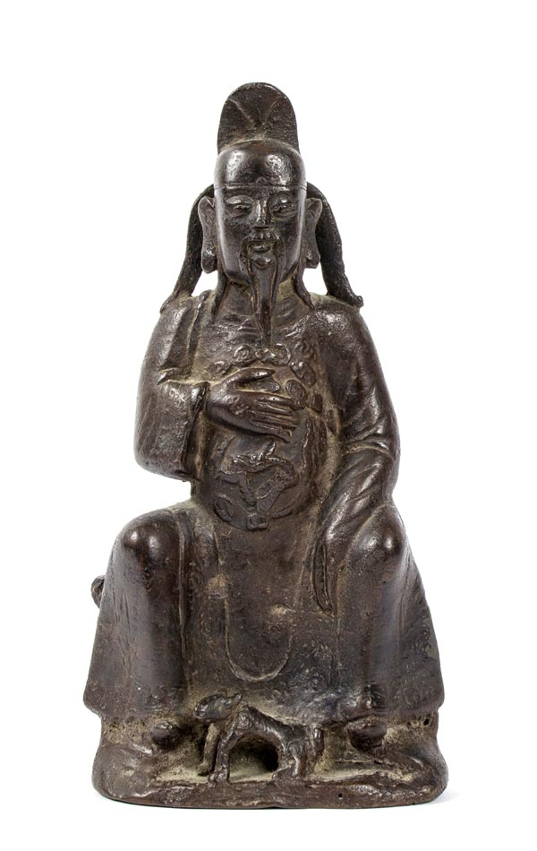 A cast bronze figure of the Daoist God, Erlang Sheng,  Ming dynasty, seated regally on a rocky
