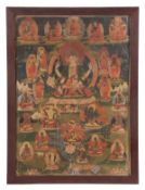 A Sino-Tibetan thangka of three headed and four armed Avalokitesvara (Bodhisattva of Compassion) -