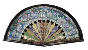 A Chinese Export fan, 19th century, painted in gouache and gilding with an extensively populated