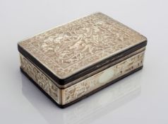 A fine Chinese Export mother-of-pearl box and cover,  mid 19th century, the top well carved with a