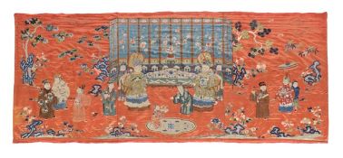 A Chinese red ground satin commemorative hanging, 19th century, of rectangular format, depicting a