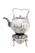 A Canton enamel wine pot and stand with burner, 18th century, the pot of globular form decorated in