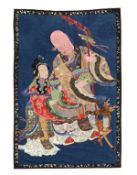 A large blue ground silk hanging, Qing dynasty, finely embroidered with the Shou Star, God of