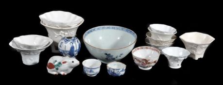 A collection of ten Chinese blanc de Chine libation cups of various sizes decorated with the Eight
