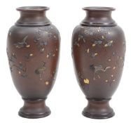 A Pair of Japanese Hattori Vases, Meiji period, the copper bodies of ovoid form raised on stepped,