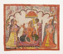 Goddess with Two Attendants, mid 18th century, Sirohi, Rajasthan, India, opaque watercolour on