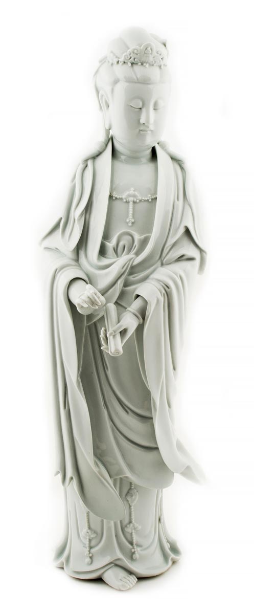 A large Chinese Blanc de Chine Guanyin, late 19th century-early 1900, standing, wearing ong,