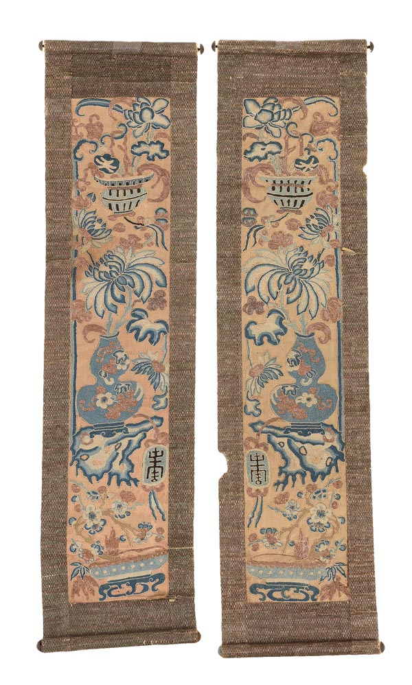 A group of Chinese silk textiles, 19th century, comprising a coral red ground fragment of Lishui - Image 6 of 6