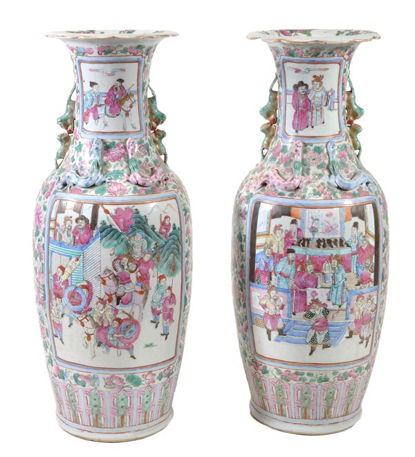 A pair of famille rose Canton vases, 19th century, each of ovoid form rising to a waisted neck with