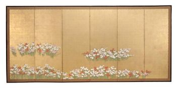 A six-fold paper screen, Edo period, 19th century, painted in ink and colour on a gold ground with