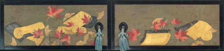 A pair of paper fusuma (sliding doors), Meiji period, 19th century, painted in ink and colour on a