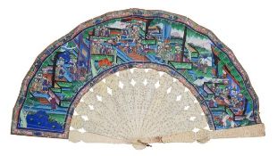 A Chinese Export fan, 19th century, the paper blade decorated in gouache with a continuous scene of