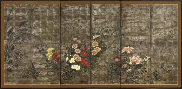 A six-fold paper screen, Rimpa school, Meiji period, 19th century, painted in ink and colour on a