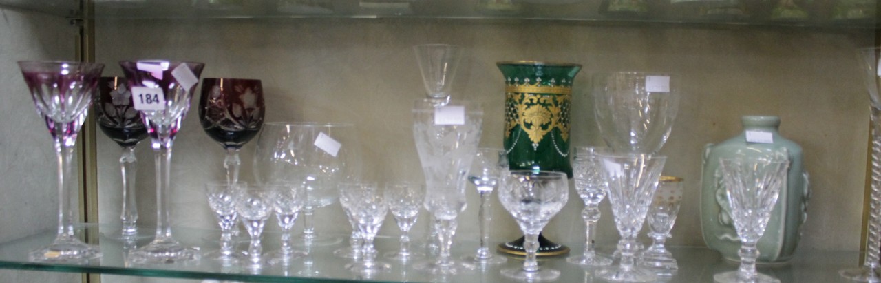 A pair of mauve Moser wine glasses, a pair of 18th Century style twisted stem glasses, an 18th