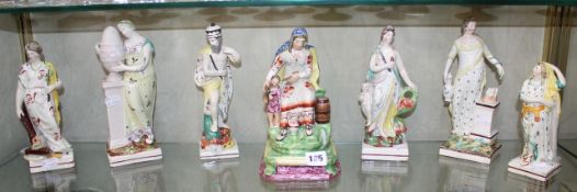 A group of seven Staffordshire pearlware square base figures; various sizes