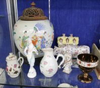 A Royal Doulton figure `Harlequin` (HN2186), a lustre cup, two Chinese jugs, a Delft cow, a