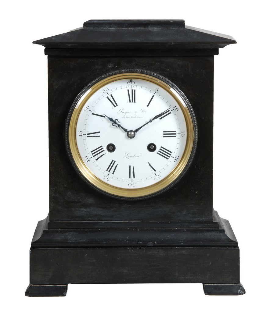 *A Belge noir marble mantel clock retailed by Payne and Company, London, mid 19th century, the
