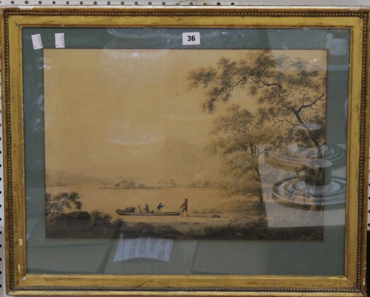 After George Morland Figures by a lake Hand-coloured engraving 35.5 x 51 cm