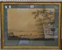 After George Morland Figures by a lake Hand-coloured engraving 35.5 x 51 cm