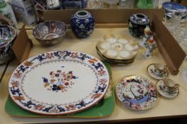 A set of four French porcelain oyster plates, a Japanese Imari bowl, a pair of Satsuma type pottery