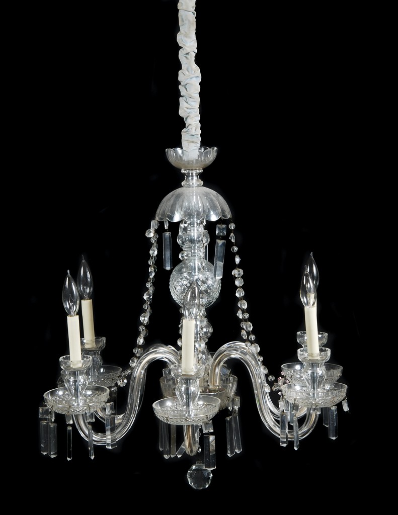 A Continental moulded glass six light chandelier, 20th century, the scrolling branches around a