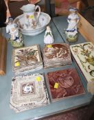 A small group of Victorian tiles, a Royal Doulton figure `Penny` (HN2338), a pair of continental