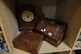 A mahogany box, an oak desk top box, a mahogany cased mantle clock
