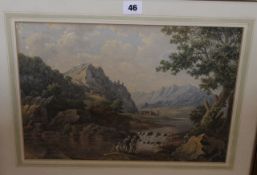 English School (19th Century) Extensive river landscape, with mountains beyond, Watercolour, over
