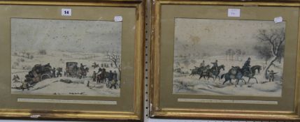 19th Century School Winter coaching scenes A group of four coloured prints 25 x 36 cm each;